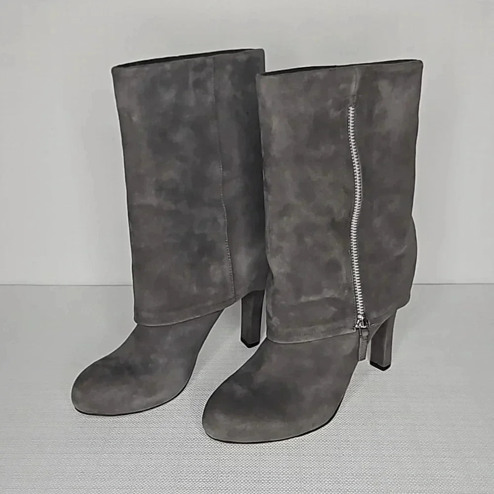 Franco Sarto A-Lady Fold Over Grey Leather Suede Heeled Boots Women's Size 8.5